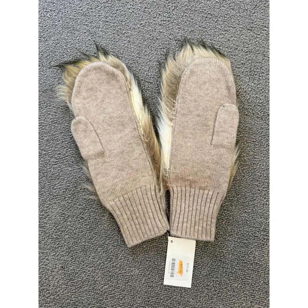 Carolina Amato Women's One Size Beige Cashmere Blend Faux Fur Knit Mittens NWT